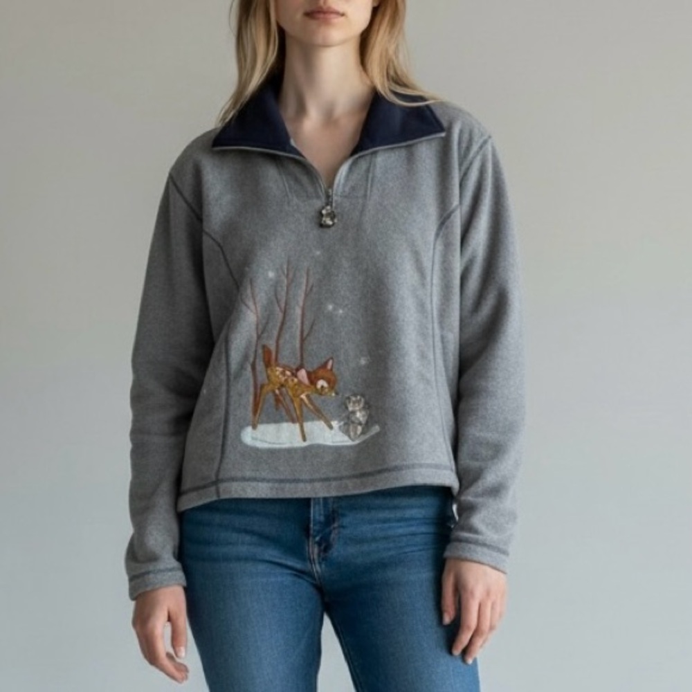 Disney Catalog women LG Vintage Bambi Thumper Quarter Zip Fleece vacation Gray